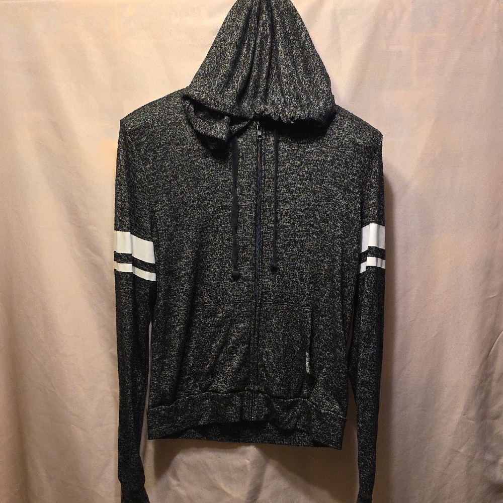 Pink Black and White Hooded Zip Up Sweater Womens XS (Virginia #6)